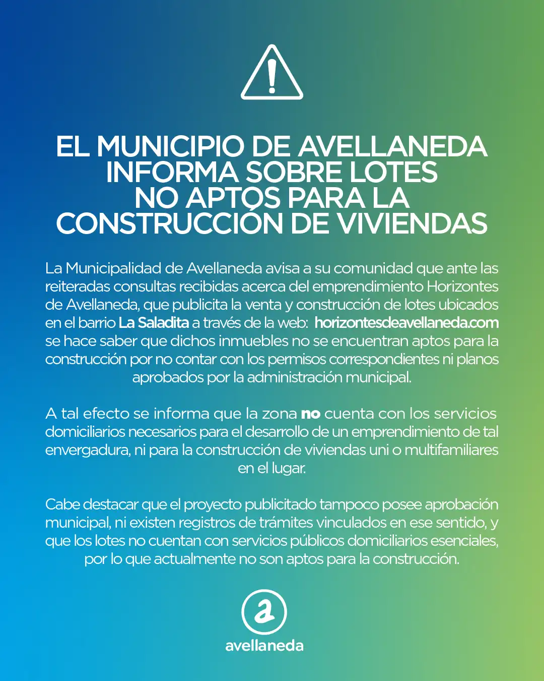 El municipio de Avellaneda informa sobre lotes no aptos para la construcción de viviendas